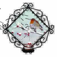 Robin on Snow Berries Branch Wrought Iron Wall Art Candle Holder