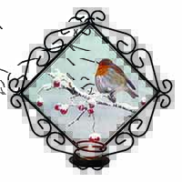 Robin on Snow Berries Branch Wrought Iron Wall Art Candle Holder