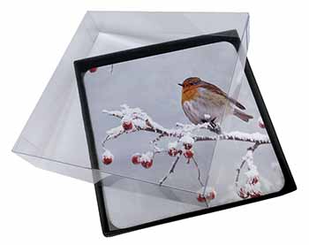 4x Robin on Snow Berries Branch Picture Table Coasters Set in Gift Box