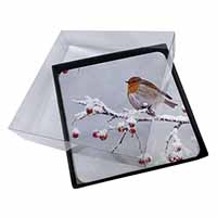 4x Robin on Snow Berries Branch Picture Table Coasters Set in Gift Box