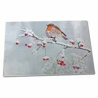 Large Glass Cutting Chopping Board Robin on Snow Berries Branch