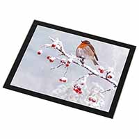 Robin on Snow Berries Branch Black Rim High Quality Glass Placemat