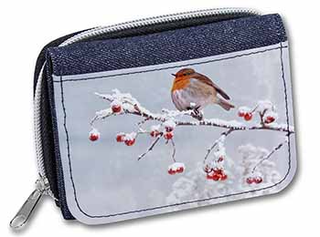 Robin on Snow Berries Branch Unisex Denim Purse Wallet