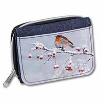 Robin on Snow Berries Branch Unisex Denim Purse Wallet