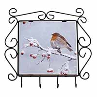 Robin on Snow Berries Branch Wrought Iron Key Holder Hooks