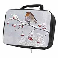 Robin on Snow Berries Branch Black Insulated School Lunch Box/Picnic Bag