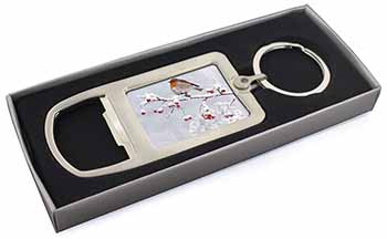 Robin on Snow Berries Branch Chrome Metal Bottle Opener Keyring in Box