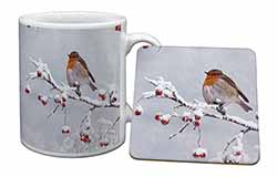 Robin on Snow Berries Branch Mug and Coaster Set