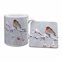 Robin on Snow Berries Branch Mug and Coaster Set