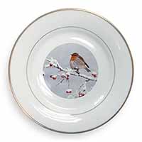 Robin on Snow Berries Branch Gold Rim Plate Printed Full Colour in Gift Box