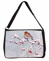Robin on Snow Berries Branch Large Black Laptop Shoulder Bag School/College