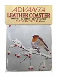 Robin on Snow Berries Branch Single Leather Photo Coaster