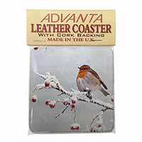 Robin on Snow Berries Branch Single Leather Photo Coaster