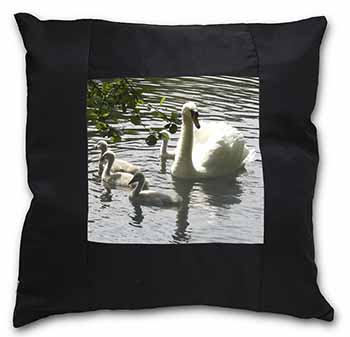 Swans and Baby Cygnets Black Satin Feel Scatter Cushion