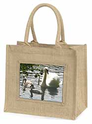 Swans and Baby Cygnets Natural/Beige Jute Large Shopping Bag