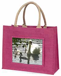 Swans and Baby Cygnets Large Pink Jute Shopping Bag
