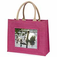 Swans and Baby Cygnets Large Pink Jute Shopping Bag