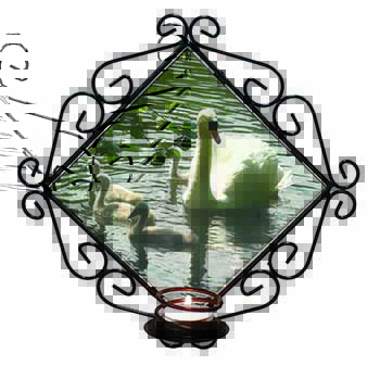 Swans and Baby Cygnets Wrought Iron Wall Art Candle Holder