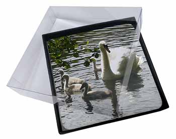 4x Swans and Baby Cygnets Picture Table Coasters Set in Gift Box