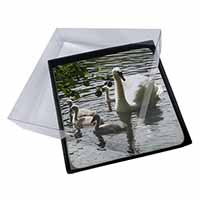 4x Swans and Baby Cygnets Picture Table Coasters Set in Gift Box