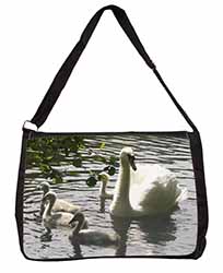 Swans and Baby Cygnets Large Black Laptop Shoulder Bag School/College