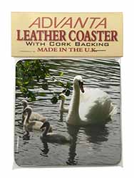 Swans and Baby Cygnets Single Leather Photo Coaster