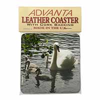 Swans and Baby Cygnets Single Leather Photo Coaster