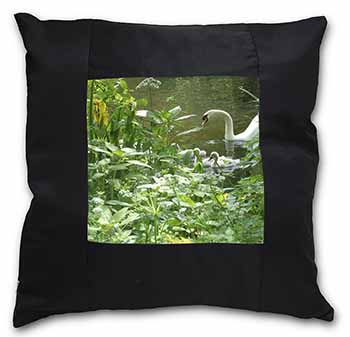 Swan and Baby Cygnets Black Satin Feel Scatter Cushion