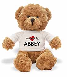 Adopted By ABBEY Teddy Bear Wearing a Personalised Name T-Shirt