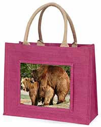 Grizzly Bears in Love Large Pink Jute Shopping Bag