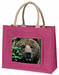 Beautiful Brown Bear Large Pink Jute Shopping Bag