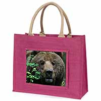 Beautiful Brown Bear Large Pink Jute Shopping Bag