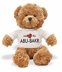 Adopted By ABU-BAKR Teddy Bear Wearing a Personalised Name T-Shirt