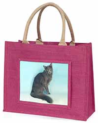 Silver Grey Javanese Cat Large Pink Jute Shopping Bag