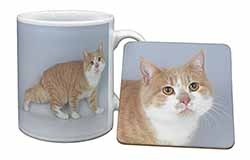 Ginger+White Manx Cat Mug and Coaster Set