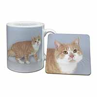Ginger+White Manx Cat Mug and Coaster Set