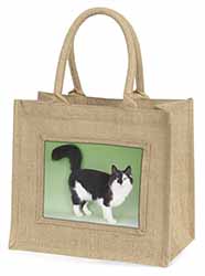 Black+White Norwegian Forest Cat Natural/Beige Jute Large Shopping Bag
