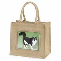 Black+White Norwegian Forest Cat Natural/Beige Jute Large Shopping Bag