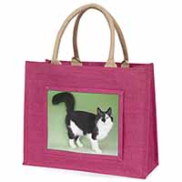 Black+White Norwegian Forest Cat Large Pink Jute Shopping Bag