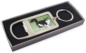 Black+White Norwegian Forest Cat Chrome Metal Bottle Opener Keyring in Box