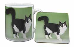 Black+White Norwegian Forest Cat Mug and Coaster Set
