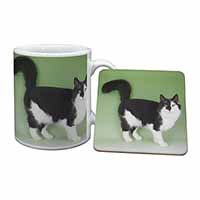 Black+White Norwegian Forest Cat Mug and Coaster Set