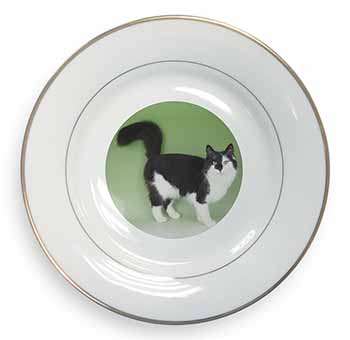 Black+White Norwegian Forest Cat Gold Rim Plate Printed Full Colour in Gift Box