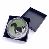 Black+White Norwegian Forest Cat Glass Paperweight in Gift Box