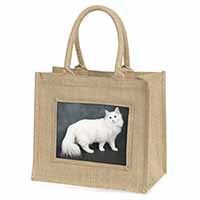 White Norwegian Forest Cat Natural/Beige Jute Large Shopping Bag