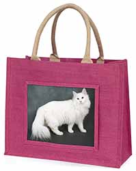 White Norwegian Forest Cat Large Pink Jute Shopping Bag