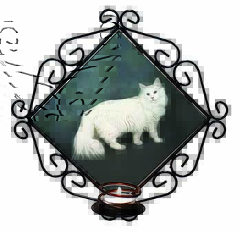 White Norwegian Forest Cat Wrought Iron Wall Art Candle Holder