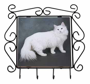 White Norwegian Forest Cat Wrought Iron Key Holder Hooks