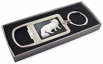 White Norwegian Forest Cat Chrome Metal Bottle Opener Keyring in Box