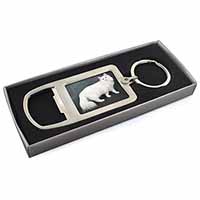 White Norwegian Forest Cat Chrome Metal Bottle Opener Keyring in Box